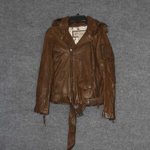 Vintage Miss Top Gun Brown Leather Moto Jacket Hooded Belted Womens Size S